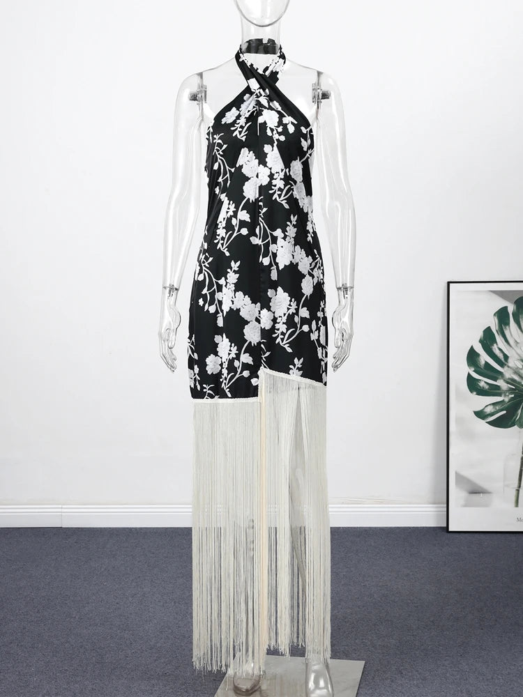 Melissa-Vestido largo asimétrico con borlas y estampado Vintage para mujer, vestidos de fiesta femeninos sin mangas con cuello Halter y espalda descubierta