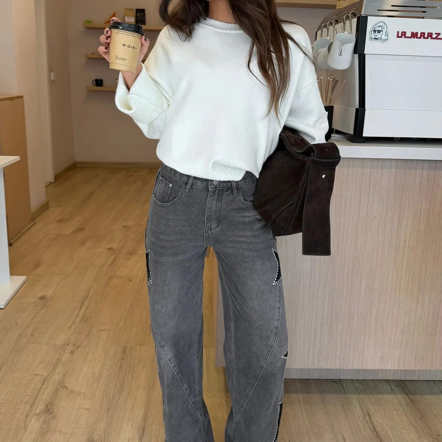 Zoe-Pantalones vaqueros rectos de corte suelto para mujer, estilo casual de nueva tendencia con detalle decorativo de estrella de cinco puntas.