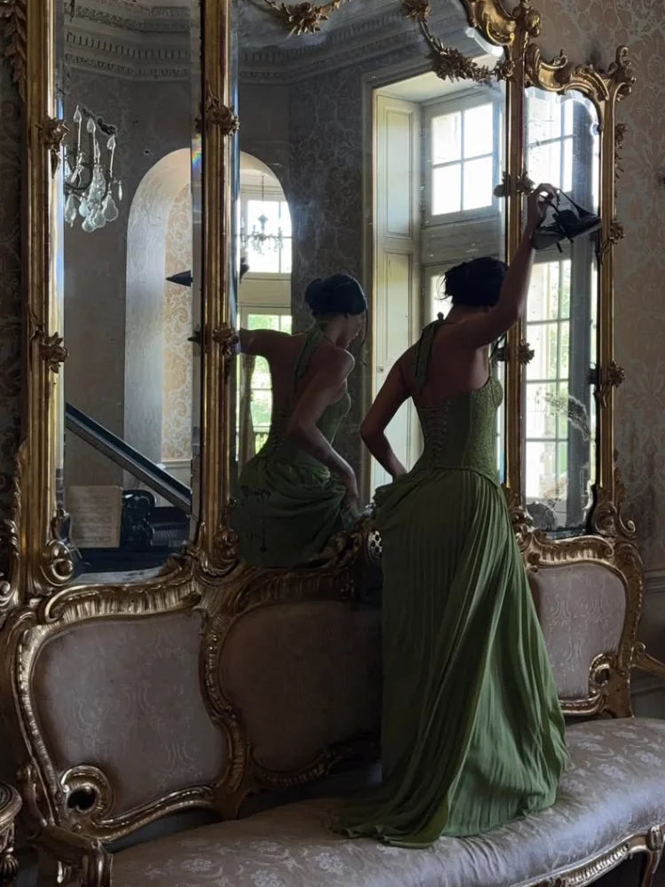 Raniaz-Vestido largo elegante de espina de pescado verde con cuello Halter para mujer