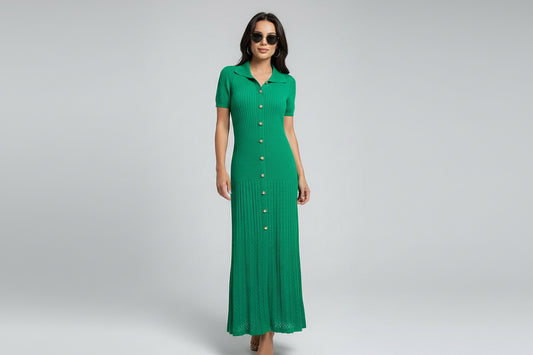 Inés-Vestido largo acanalado de punto para mujer, ropa elegante de manga corta con cuello redondo, informal