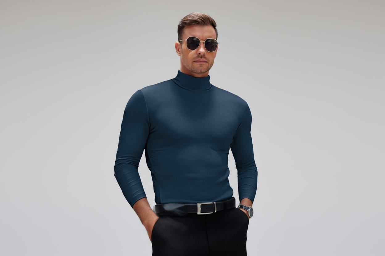 Javier-Camiseta slim fit de manga larga para hombre con cuello alto