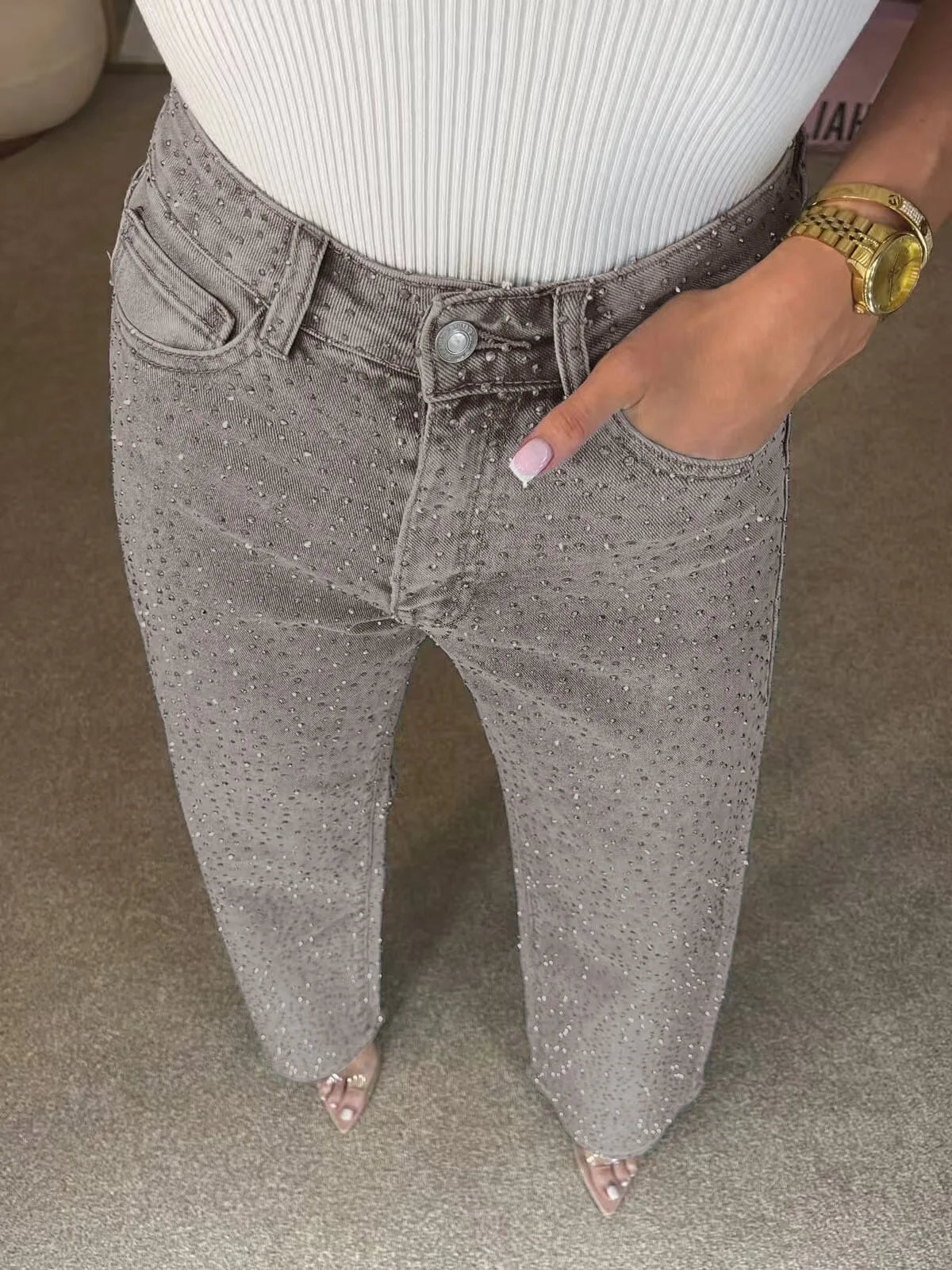 Carolina-Pantalones vaqueros con diamantes de imitación brillantes para mujer