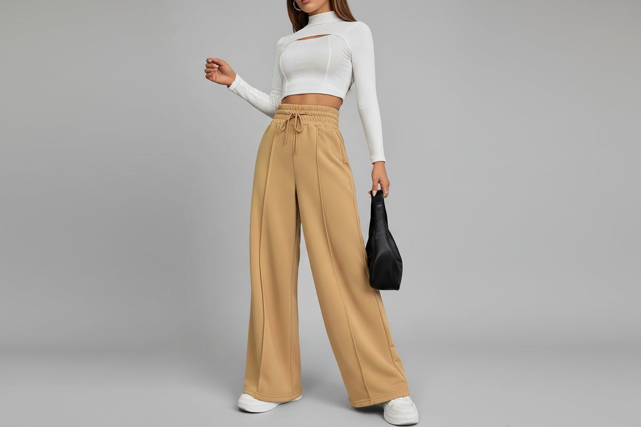 Delfina-Pantalones deportivos de pierna ancha y cintura alta con cordón para mujer