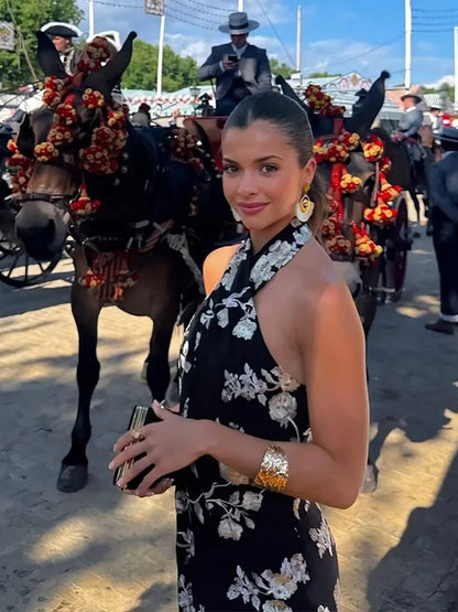 Melissa-Vestido largo asimétrico con borlas y estampado Vintage para mujer, vestidos de fiesta femeninos sin mangas con cuello Halter y espalda descubierta