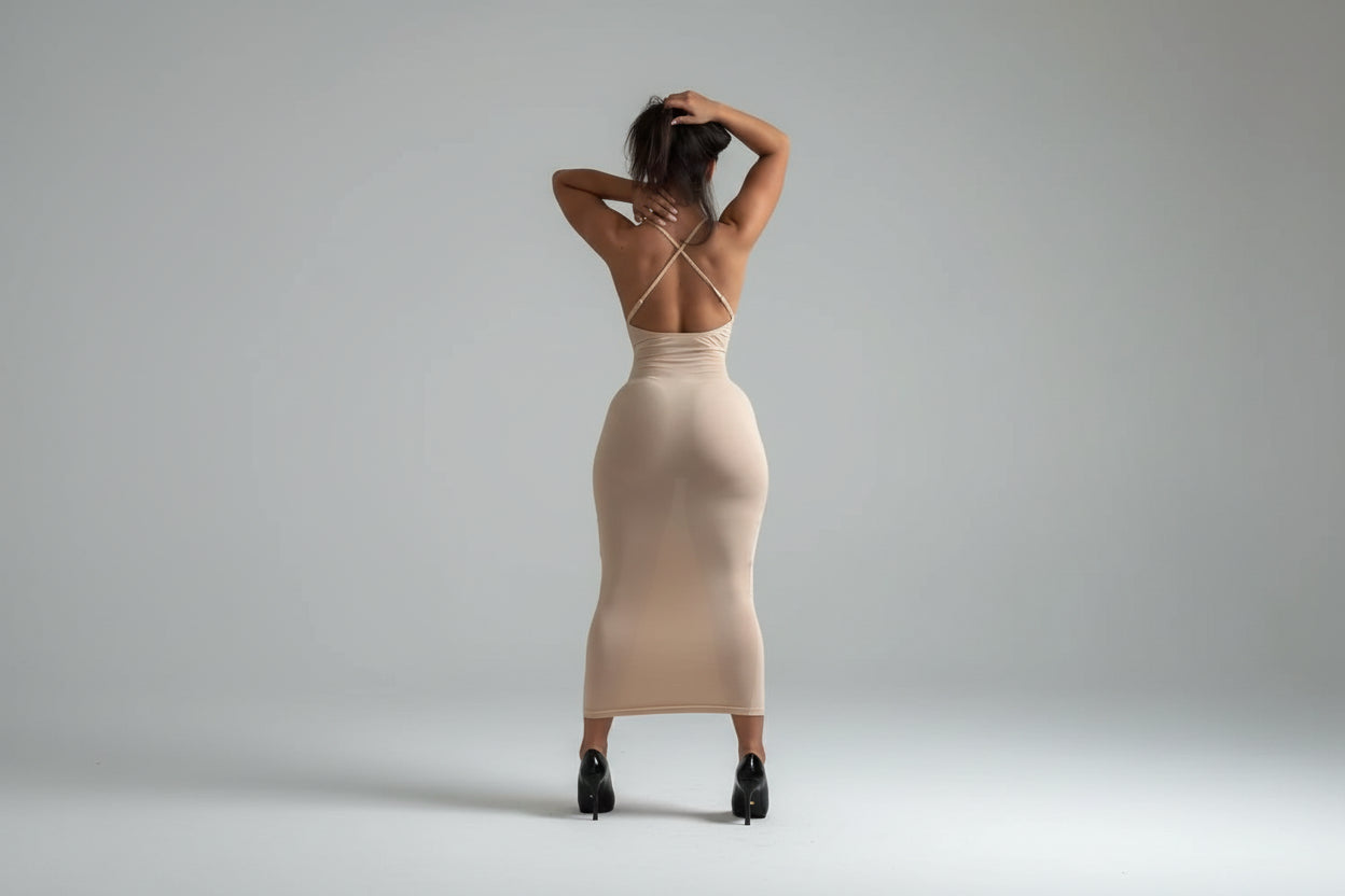 Violeta-Nuevo vestido largo con tirantes sin espalda de verano para mujer: a medida con una elegante corte adelgazante