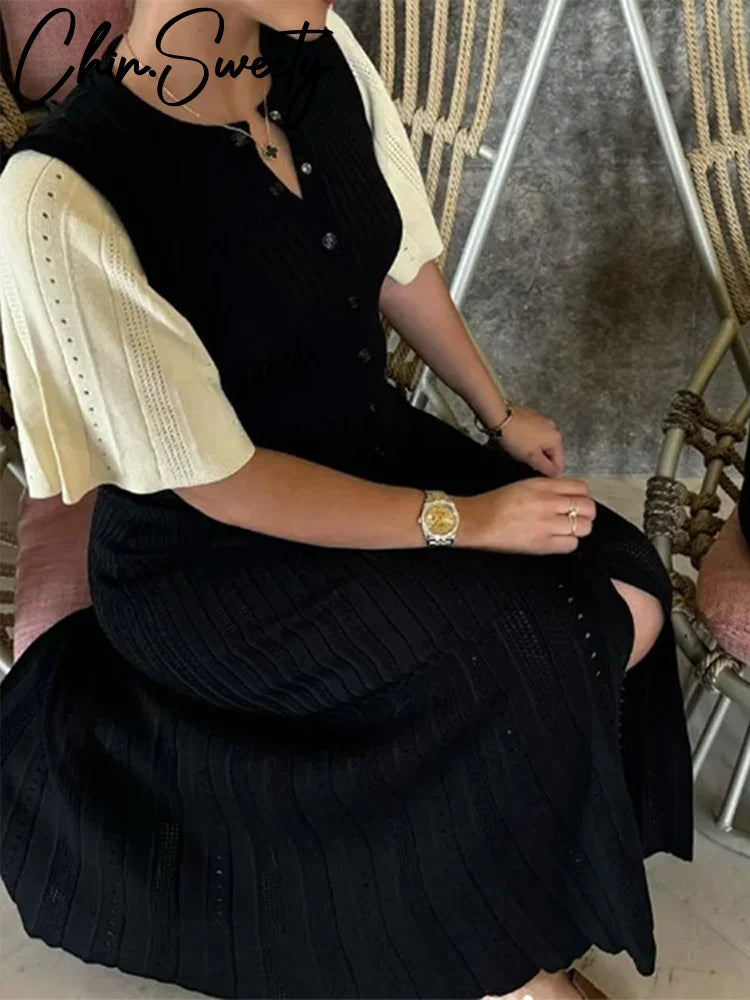 Inés-Vestido largo acanalado de punto para mujer, ropa elegante de manga corta con cuello redondo, informal