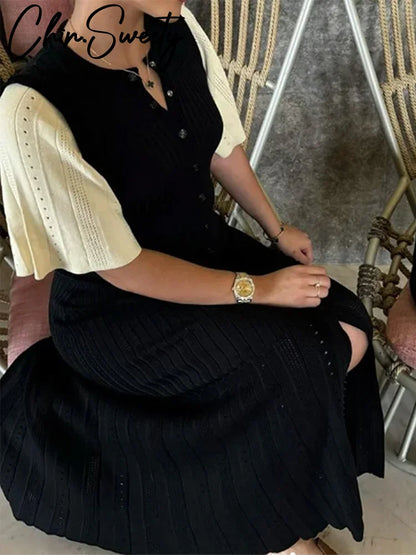 Inés-Vestido largo acanalado de punto para mujer, ropa elegante de manga corta con cuello redondo, informal