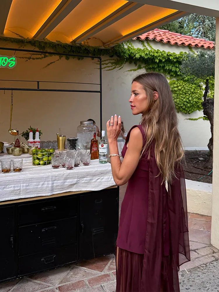 Zaira-Vestido largo elegante con tirantes para mujer, vestido holgado sin mangas con retazos de malla y bufanda dividida