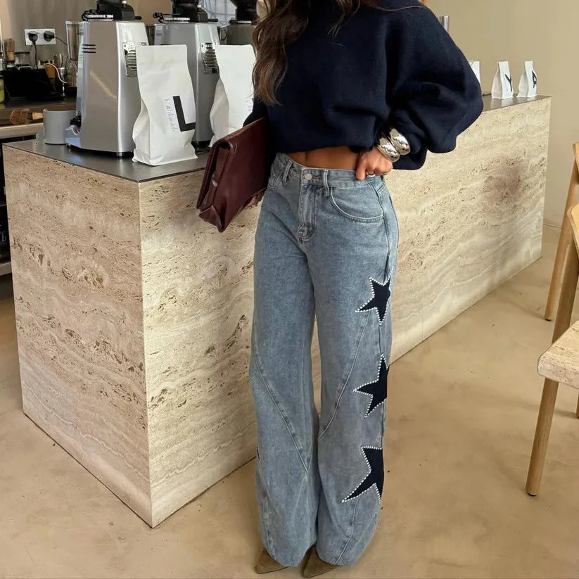 Zoe-Pantalones vaqueros rectos de corte suelto para mujer, estilo casual de nueva tendencia con detalle decorativo de estrella de cinco puntas.