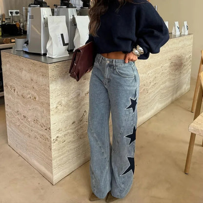 Zoe-Pantalones vaqueros rectos de corte suelto para mujer, estilo casual de nueva tendencia con detalle decorativo de estrella de cinco puntas.