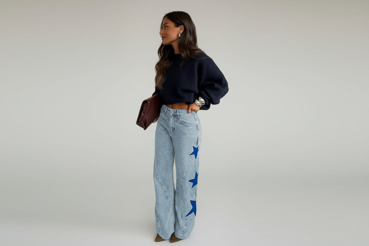 Zoe-Pantalones vaqueros rectos de corte suelto para mujer, estilo casual de nueva tendencia con detalle decorativo de estrella de cinco puntas.
