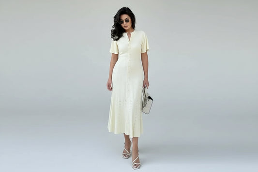 Inés-Vestido largo acanalado de punto para mujer, ropa elegante de manga corta con cuello redondo, informal