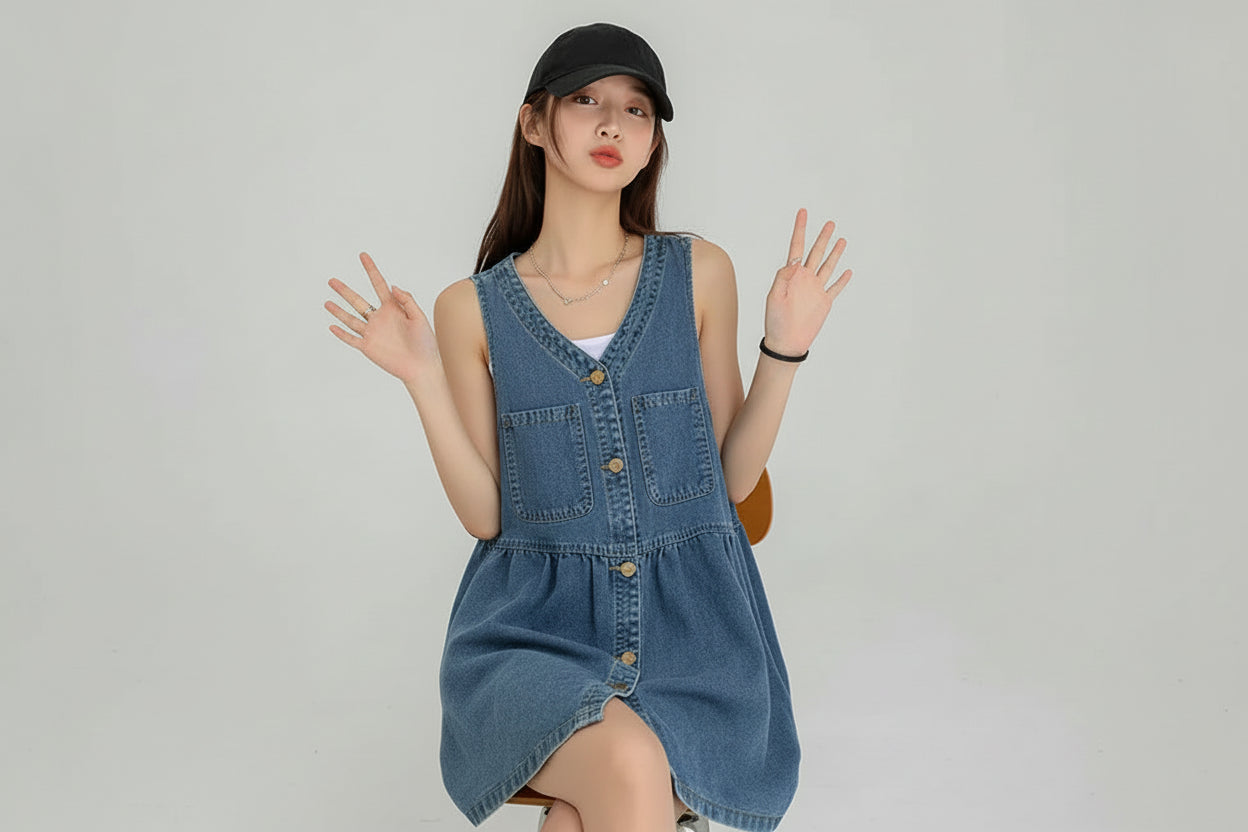 Jeany-Vestido de tirantes sin mangas para mujer, vestidos vaqueros con bolsillos de un solo pecho