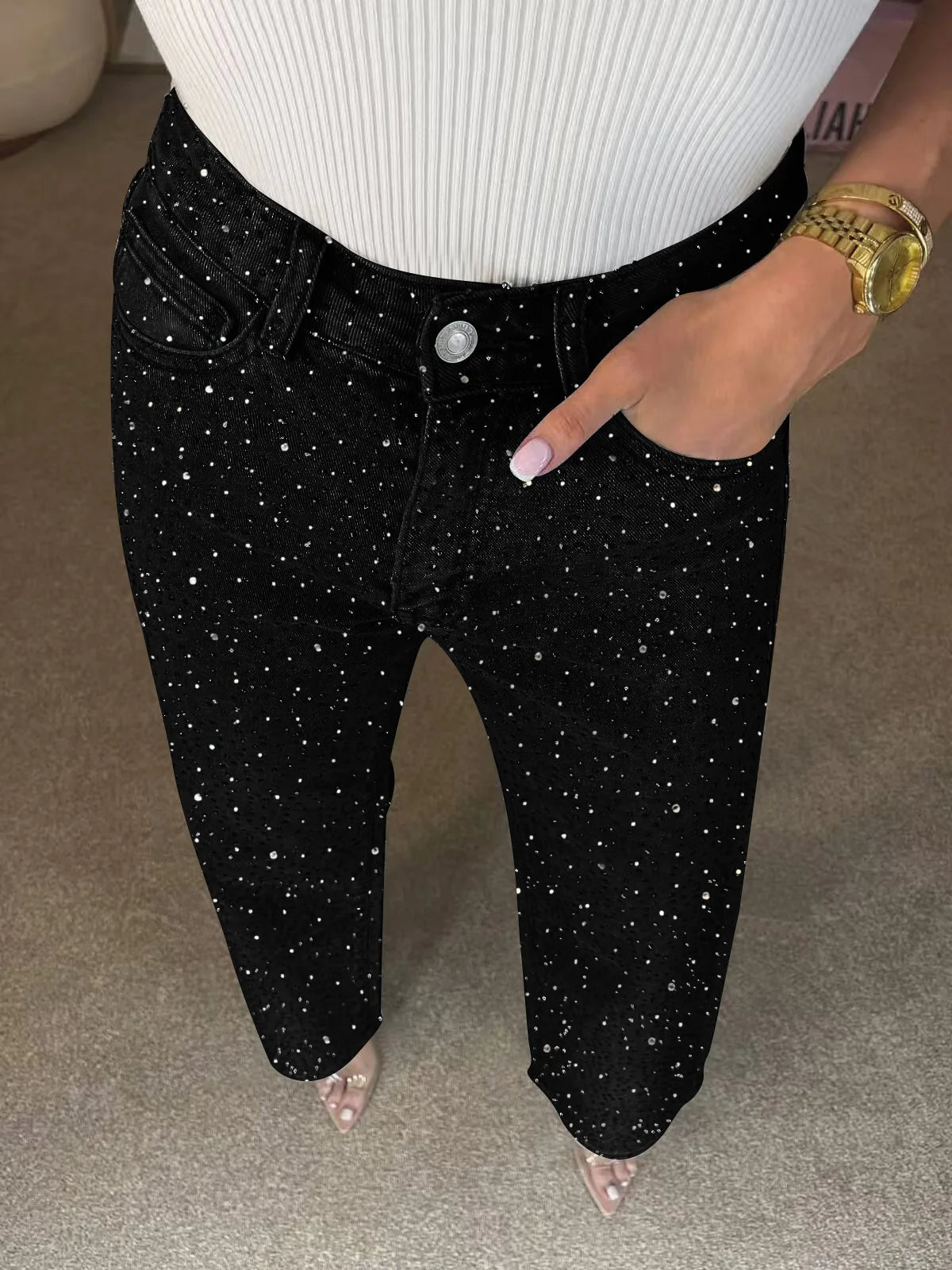 Carolina-Pantalones vaqueros con diamantes de imitación brillantes para mujer