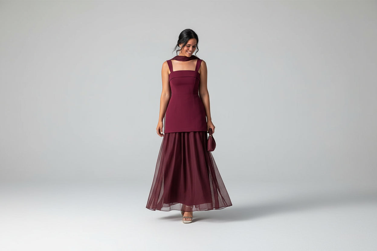 Zaira-Vestido largo elegante con tirantes para mujer, vestido holgado sin mangas con retazos de malla y bufanda dividida