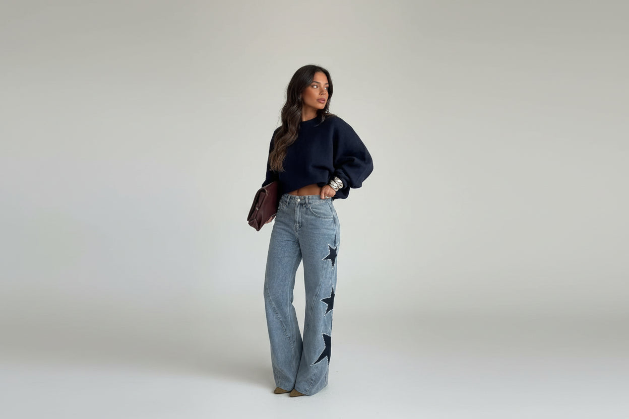 Zoe-Pantalones vaqueros rectos de corte suelto para mujer, estilo casual de nueva tendencia con detalle decorativo de estrella de cinco puntas.