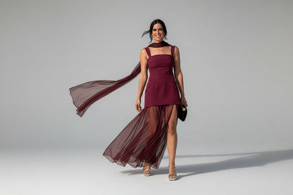 Zaira-Vestido largo elegante con tirantes para mujer, vestido holgado sin mangas con retazos de malla y bufanda dividida