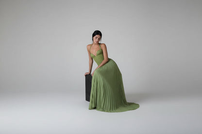 Raniaz-Vestido largo elegante de espina de pescado verde con cuello Halter para mujer