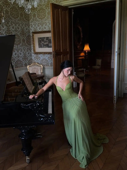 Raniaz-Vestido largo elegante de espina de pescado verde con cuello Halter para mujer