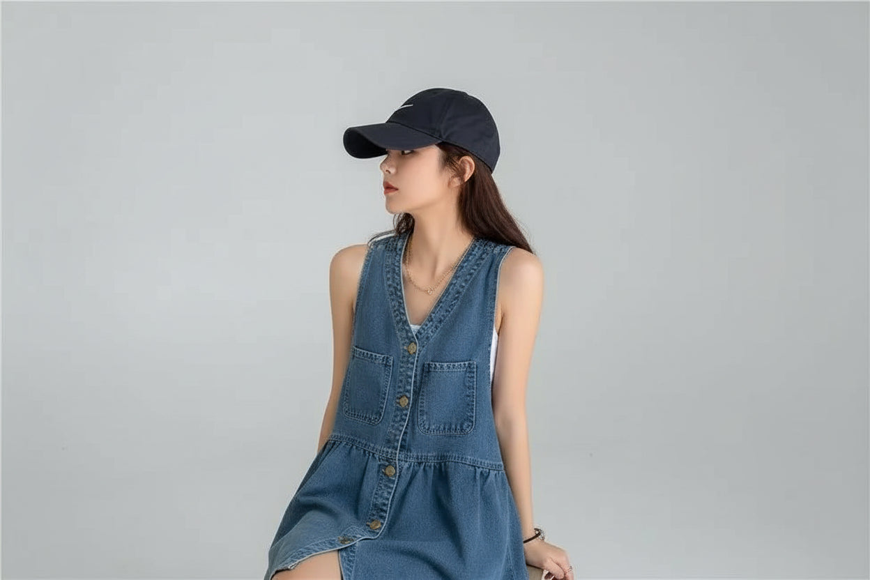 Jeany-Vestido de tirantes sin mangas para mujer, vestidos vaqueros con bolsillos de un solo pecho