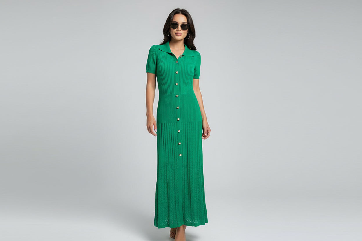 Inés-Vestido largo acanalado de punto para mujer, ropa elegante de manga corta con cuello redondo, informal