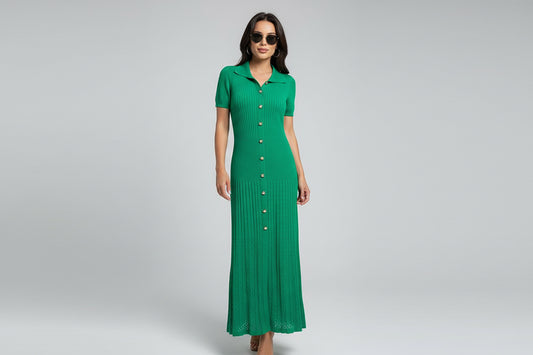 Inés-Vestido largo acanalado de punto para mujer, ropa elegante de manga corta con cuello redondo, informal