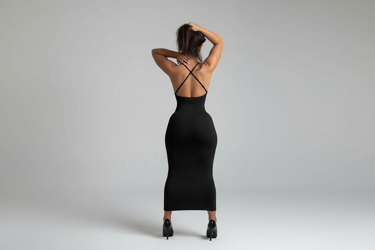 Violeta-Nuevo vestido largo con tirantes sin espalda de verano para mujer: a medida con una elegante corte adelgazante