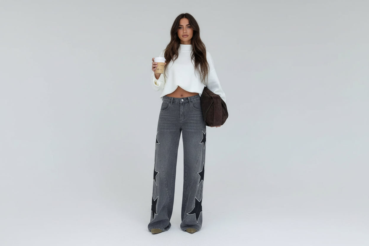 Zoe-Pantalones vaqueros rectos de corte suelto para mujer, estilo casual de nueva tendencia con detalle decorativo de estrella de cinco puntas.