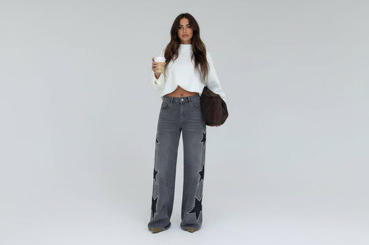 Zoe-Pantalones vaqueros rectos de corte suelto para mujer, estilo casual de nueva tendencia con detalle decorativo de estrella de cinco puntas.