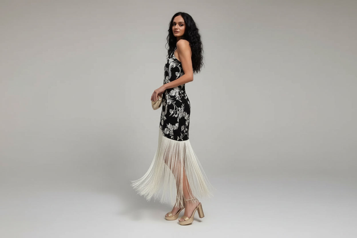 Melissa-Vestido largo asimétrico con borlas y estampado Vintage para mujer, vestidos de fiesta femeninos sin mangas con cuello Halter y espalda descubierta