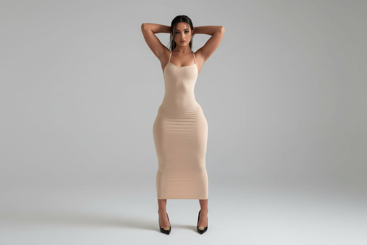 Violeta-Nuevo vestido largo con tirantes sin espalda de verano para mujer: a medida con una elegante corte adelgazante