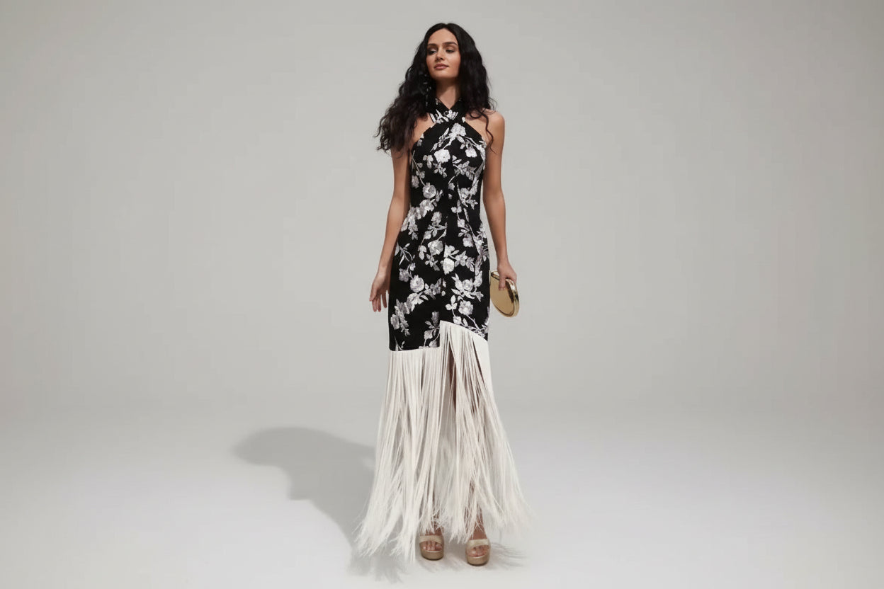 Melissa-Vestido largo asimétrico con borlas y estampado Vintage para mujer, vestidos de fiesta femeninos sin mangas con cuello Halter y espalda descubierta