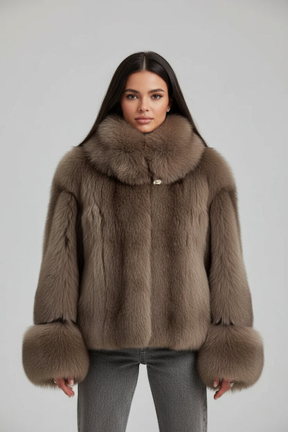 Lidia-Abrigo de piel sintética recortado de manga larga marrón para mujer