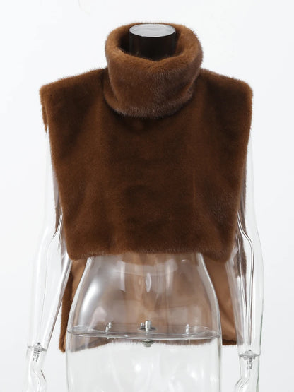 Lidia-Abrigo de piel sintética recortado de manga larga marrón para mujer