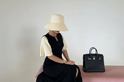 Inés-Vestido largo acanalado de punto para mujer, ropa elegante de manga corta con cuello redondo, informal