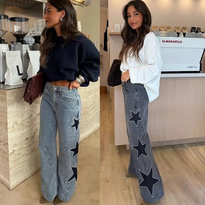 Zoe-Pantalones vaqueros rectos de corte suelto para mujer, estilo casual de nueva tendencia con detalle decorativo de estrella de cinco puntas.