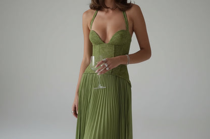 Raniaz-Vestido largo elegante de espina de pescado verde con cuello Halter para mujer
