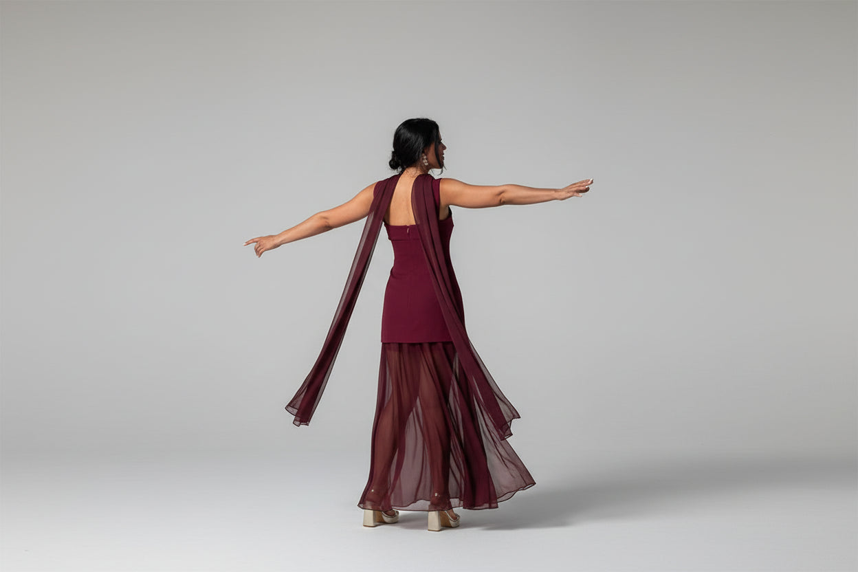 Zaira-Vestido largo elegante con tirantes para mujer, vestido holgado sin mangas con retazos de malla y bufanda dividida