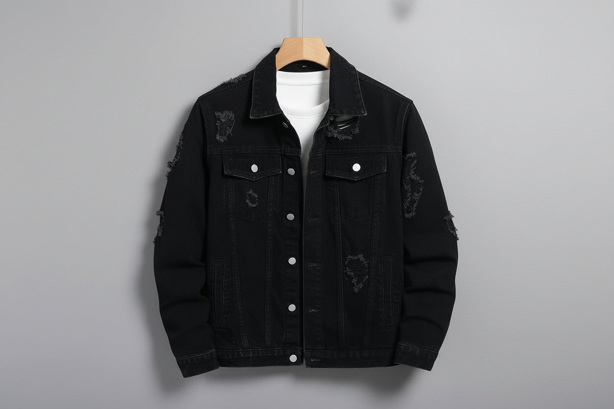 Leandro-Chaqueta vaquera para hombre: chaqueta normal negra, moda urbana