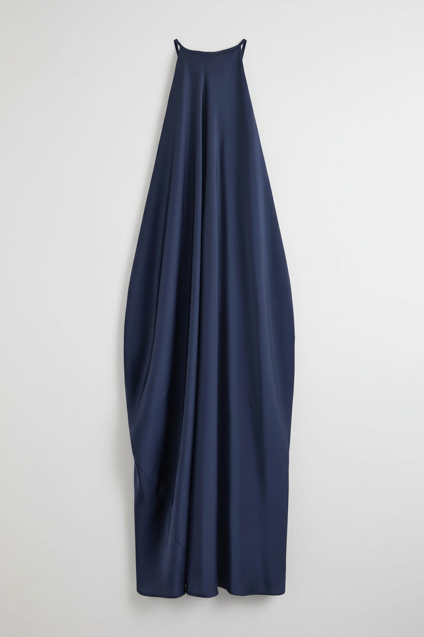 Alexandra-Vestido largo elegante de satén con cuello Halter y espalda descubierta para mujer, vestidos de fiesta sin mangas con cuello redondo y plisado holgado