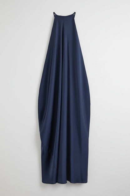 Alexandra-Vestido largo elegante de satén con cuello Halter y espalda descubierta para mujer, vestidos de fiesta sin mangas con cuello redondo y plisado holgado