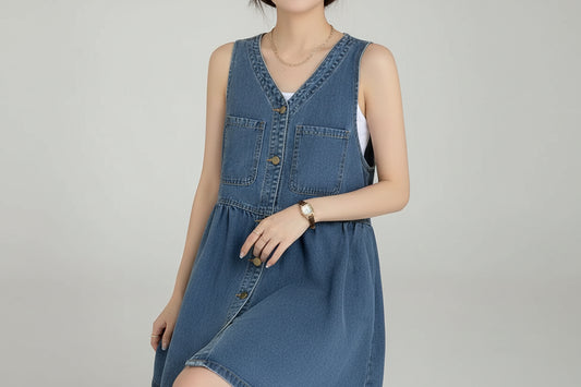 Jeany-Vestido de tirantes sin mangas para mujer, vestidos vaqueros con bolsillos de un solo pecho